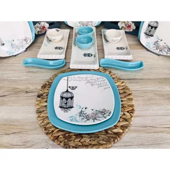 Keramika Retro Kare Desenli 21 Parça 6 Kişilik Seramik Kahvaltı Takımı Beyaz-Mavi