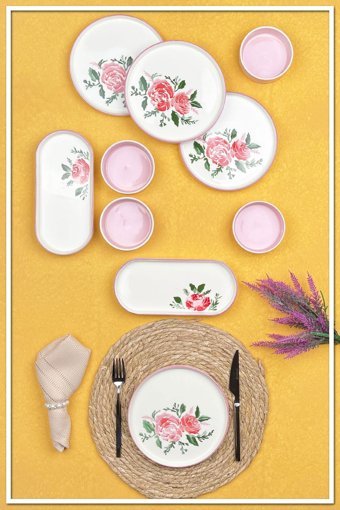 Hazarpazar Rose Yuvarlak Desenli 10 Parça 4 Kişilik Seramik Kahvaltı Takımı Çoklu Renk