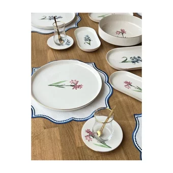 Rossev Pure Fleur Lavender Desenli 39 Parça 6 Kişilik Porselen Kahvaltı Takımı Beyaz