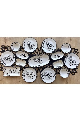 Venüs Home Decoratıon Kelebek Desenli 15 Parça 6 Kişilik Seramik Kahvaltı Takımı Bej