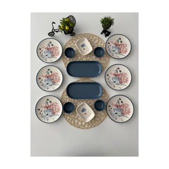 Keramika Blue Flowers Desenli 14 Parça 6 Kişilik Seramik Kahvaltı Takımı Çok Renkli