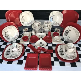 Keramika Retro Kalp-Kare Desenli 40 Parça 6 Kişilik Seramik Kahvaltı Takımı Beyaz-Kırmızı