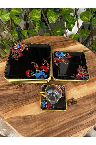 Gürcüglass Çiçek Kare Desenli 24 Parça 6 Kişilik Cam Kahvaltı Takımı Siyah
