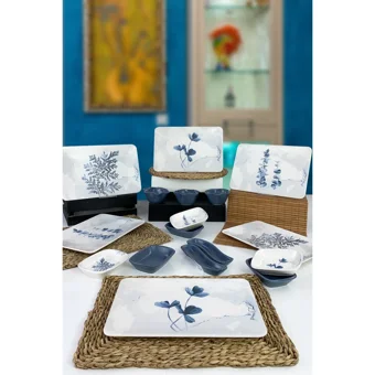 Keramika Blue Magic Kare Desenli 17 Parça 6 Kişilik Seramik Kahvaltı Takımı Beyaz-Mavi