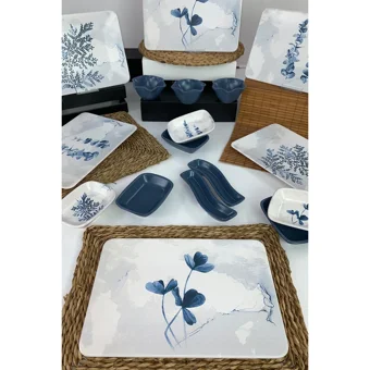 Keramika Blue Magic Kare Desenli 17 Parça 6 Kişilik Seramik Kahvaltı Takımı Beyaz-Mavi