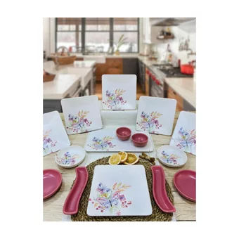 Keramika Bahar Kare Desenli 15 Parça 6 Kişilik Seramik Kahvaltı Takımı Beyaz-Pembe