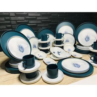 Keramika Blue Magic Yuvarlak Desenli 56 Parça 12 Kişilik Seramik Kahvaltı Takımı Beyaz-Mavi
