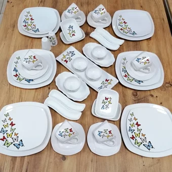 Keramika Kelebek Desenli 41 Parça 6 Kişilik Seramik Kahvaltı Takımı Beyaz