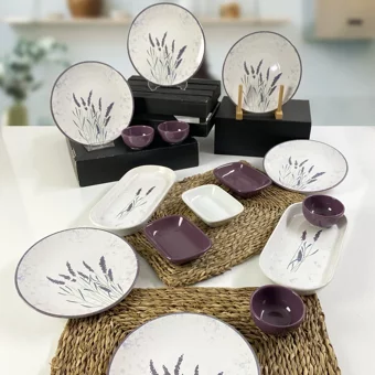 Keramika Lavanta Yuvarlak Desenli 15 Parça 6 Kişilik Seramik Kahvaltı Takımı Beyaz-Mor