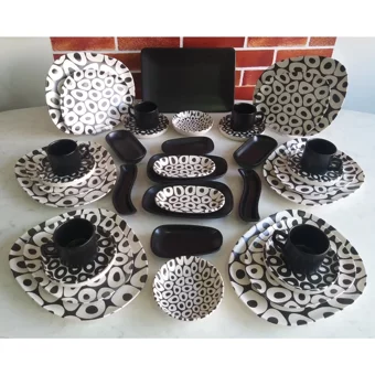 Keramika Tetra Oval Desenli 37 Parça 6 Kişilik Seramik Kahvaltı Takımı Beyaz-Siyah