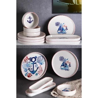 Nandy Home Handmade Marin Desenli 14 Parça 6 Kişilik Seramik Kahvaltı Takımı Çok Renkli
