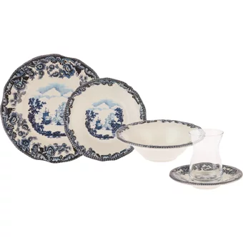 Karaca Blue İliad Yuvarlak Desenli 26 Parça 6 Kişilik Stoneware Kahvaltı Takımı Lacivert