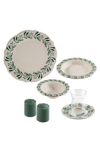 Jumbo Crown Yuvarlak Desenli 26 Parça 6 Kişilik Stoneware Kahvaltı Takımı Yeşil