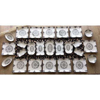 Venüs Home Decoratıon Kilim Desenli 25 Parça 12 Kişilik Seramik Kahvaltı Takımı Beyaz-Siyah