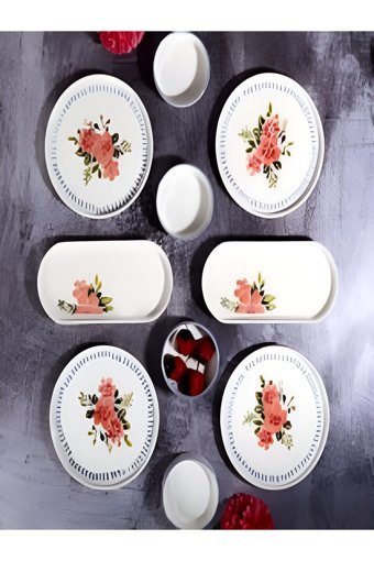 Beauty Home Fresh Flower Yuvarlak Desenli 10 Parça 4 Kişilik Seramik Kahvaltı Takımı Beyaz