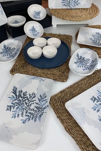 Keramika Blue Magic Kare Desenli 18 Parça 6 Kişilik Seramik Kahvaltı Takımı Beyaz