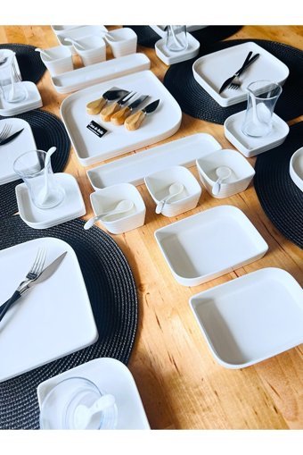 Casa De Bella Desenli Kare 78 Parça 12 Kişilik Porselen Kahvaltı Takımı Beyaz