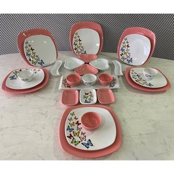 Keramika Dance Of Butterfly Kalp-Kare Desenli 28 Parça 6 Kişilik Seramik Kahvaltı Takımı Beyaz-Pembe