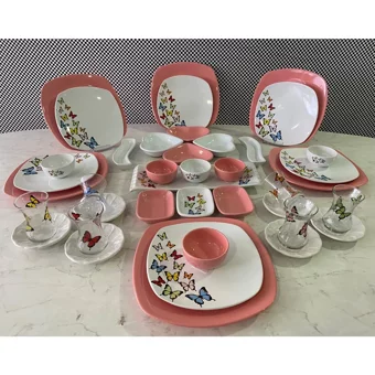 Keramika Dance Of Butterfly Kare Desenli 40 Parça 6 Kişilik Seramik Kahvaltı Takımı Beyaz-Pembe