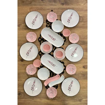 Keramika Sakura Desenli 30 Parça 6 Kişilik Seramik Kahvaltı Takımı Beyaz