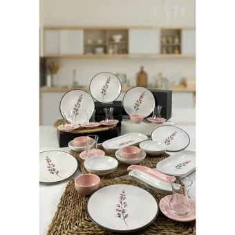 Keramika Sakura Desenli 30 Parça 6 Kişilik Seramik Kahvaltı Takımı Beyaz