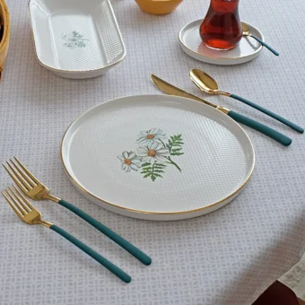Glore Daisy Yuvarlak Desenli 41 Parça 6 Kişilik Seramik Kahvaltı Takımı Yeşil
