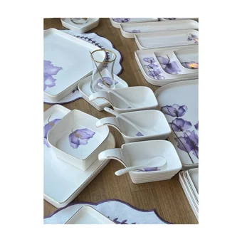 Rossev Violet Desenli 70 Parça 6 Kişilik Porselen Kahvaltı Takımı Beyaz