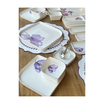Rossev Violet Desenli 70 Parça 6 Kişilik Porselen Kahvaltı Takımı Beyaz