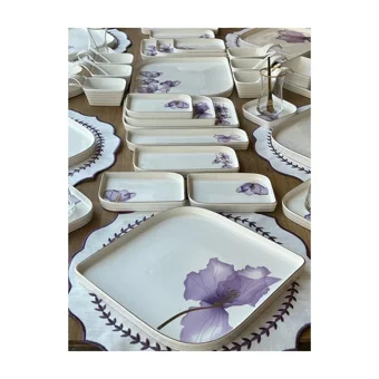 Rossev Violet Desenli 70 Parça 6 Kişilik Porselen Kahvaltı Takımı Beyaz