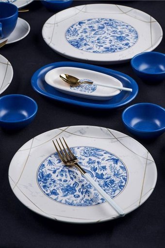 Acar Blue Blanc Yuvarlak Desenli 35 Parça 6 Kişilik Porselen Kahvaltı Takımı Beyaz- Mavi