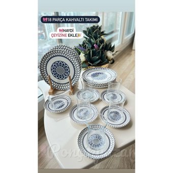 Poncik Pazar Desenli 18 Parça 18 Kişilik Bambu Kahvaltı Takımı Beyaz-Mavi