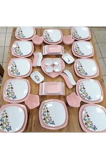 Demet Çeyiz Pembe Kare Desenli 45 Parça 12 Kişilik Seramik Kahvaltı Takımı Pembe