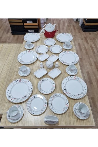 Evimsaray Es-901 Yuvarlak Desenli 36 Parça Porselen Kahvaltı Takımı Kırmızı