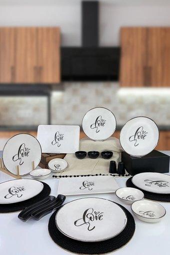 Keramika Love Desenli 19 Parça 6 Kişilik Seramik Kahvaltı Takımı Beyaz
