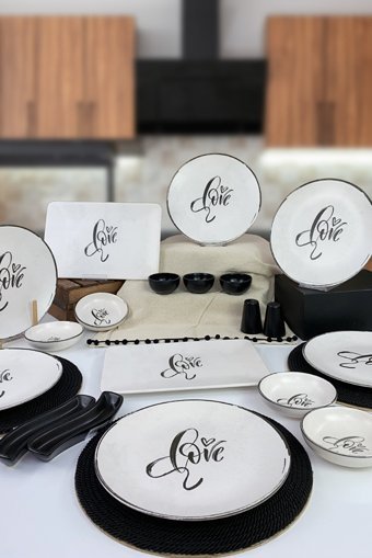 Keramika Love Desenli 19 Parça 6 Kişilik Seramik Kahvaltı Takımı Beyaz