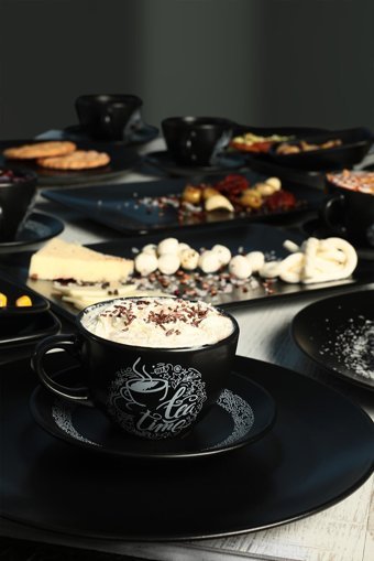 Keramika Tea Time Desenli 26 Parça 6 Kişilik Seramik Kahvaltı Takımı Siyah