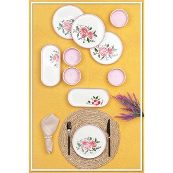 Besa Rose Yuvarlak Desenli 10 Parça 4 Kişilik Seramik Kahvaltı Takımı Beyaz