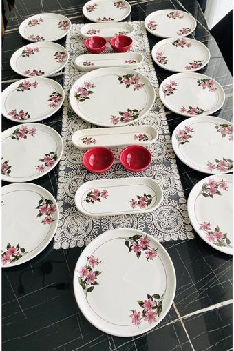 Venüs Home Decoratıon Kar Çiçeği Desenli 21 Parça 12 Kişilik Seramik Kahvaltı Takımı Fuşya