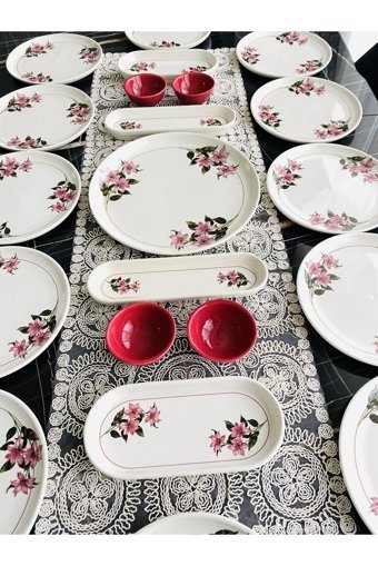 Venüs Home Decoratıon Kar Çiçeği Desenli 21 Parça 12 Kişilik Seramik Kahvaltı Takımı Fuşya