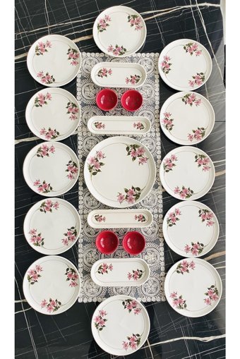Venüs Home Decoratıon Kar Çiçeği Desenli 21 Parça 12 Kişilik Seramik Kahvaltı Takımı Fuşya