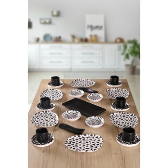 Keramika Black And White Tetra Kare-Yuvarlak Desenli 25 Parça 6 Kişilik Seramik Kahvaltı Takımı Beyaz-Siyah