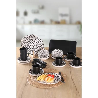 Keramika Black And White Tetra Kare-Yuvarlak Desenli 25 Parça 6 Kişilik Seramik Kahvaltı Takımı Beyaz-Siyah