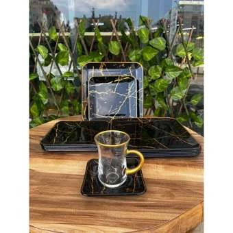 Gürcü Glass Desenli Kare Desenli 24 Parça 6 Kişilik Cam Kahvaltı Takımı Siyah
