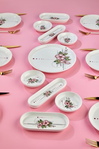 Babion Artless Yuvarlak Desenli 15 Parça 6 Kişilik Seramik Kahvaltı Takımı Pembe