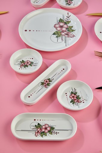Babion Artless Yuvarlak Desenli 15 Parça 6 Kişilik Seramik Kahvaltı Takımı Pembe