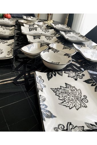 Venüs Home Decoratıon Yaprak Desenli 17 Parça 8 Kişilik Seramik Kahvaltı Takımı Siyah