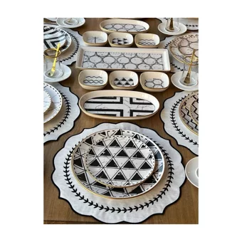 Rossev Feza Taj Desenli 91 Parça 12 Kişilik Stoneware Kahvaltı Takımı Beyaz-Siyah