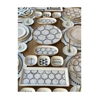 Rossev Feza Taj Desenli 91 Parça 12 Kişilik Stoneware Kahvaltı Takımı Beyaz-Siyah