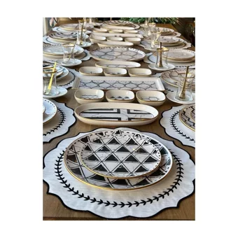 Rossev Feza Taj Desenli 91 Parça 12 Kişilik Stoneware Kahvaltı Takımı Beyaz-Siyah
