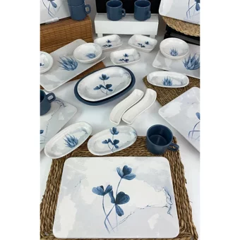 Keramika Blue Magic 19863 Kare Desenli 29 Parça 6 Kişilik Seramik Kahvaltı Takımı Beyaz-Mavi